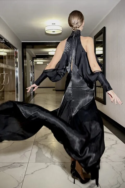 IRFE Black Crystals & Beads Embroidery Gown