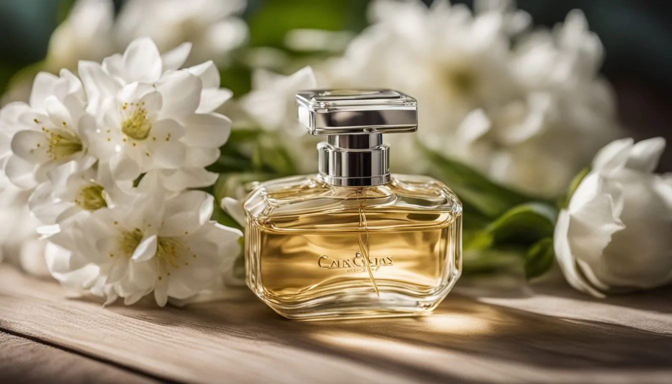 A perfume bottle surrounded by blooming white