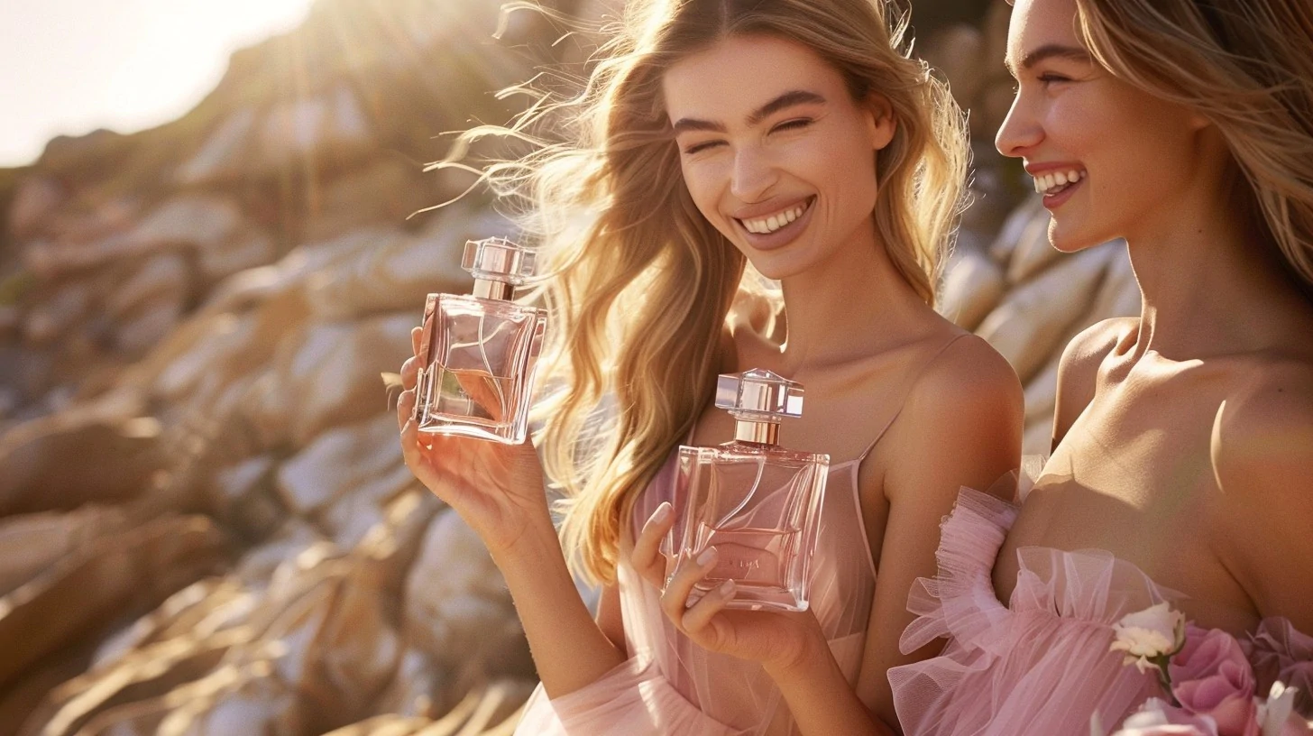 two female models with luxury perfume bottles